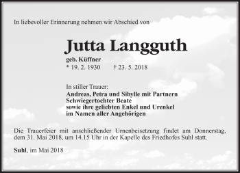 Traueranzeige von Jutta Langguth von Südthüringer Presse