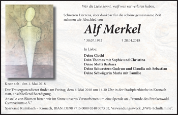Traueranzeige von Alf Merkel von Neue Presse Coburg
