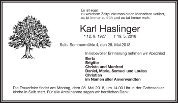 Traueranzeige von Karl Haslinger von Frankenpost