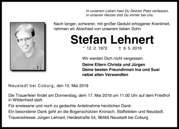 Traueranzeige von Stefan Lehnert von Neue Presse Coburg
