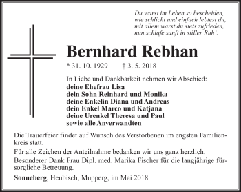 Traueranzeige von Bernhard Rebhan von Südthüringer Presse