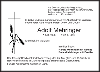 Traueranzeige von Adolf Mehringer von Frankenpost