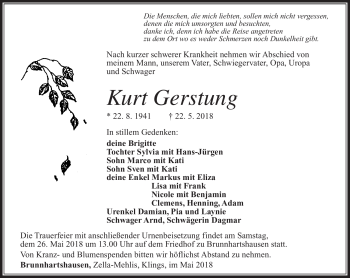Traueranzeige von Kurt Gerstung von Südthüringer Presse