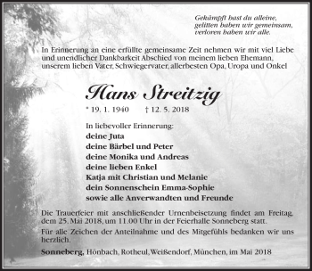 Traueranzeige von Hans Streitzig von Südthüringer Presse