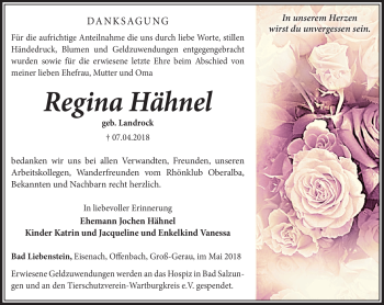 Traueranzeige von Regina Hähnel von Südthüringer Presse