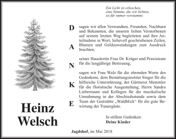 Traueranzeige von Heinz Welsch von Südthüringer Presse
