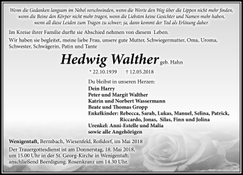 Traueranzeige von Hedwig Walther von Südthüringer Presse
