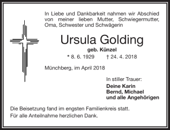 Traueranzeige von Ursula Golding von Frankenpost