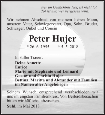 Traueranzeige von Peter Hujer von Südthüringer Presse