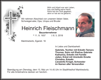 Traueranzeige von Heinrich Fleischmann von Frankenpost