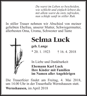 Traueranzeige von Selma Luck von Südthüringer Presse