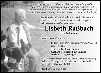 Traueranzeige von Lisbeth Raßbach von Südthüringer Presse