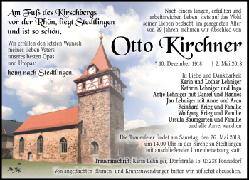 Traueranzeige von Otto Kirchner von Südthüringer Presse