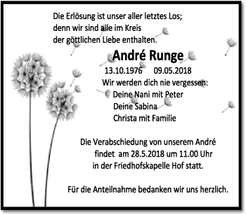 Traueranzeige von André Runge von Frankenpost