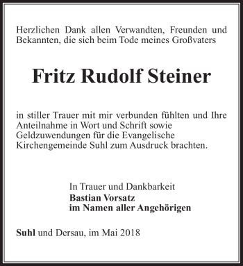 Traueranzeige von Fritz Rudolf Steiner von Südthüringer Presse
