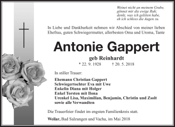Traueranzeige von Antonie Gappert von Südthüringer Presse
