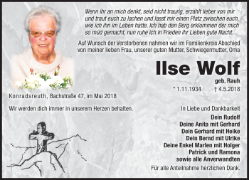 Traueranzeige von Ilse Wolf von Frankenpost
