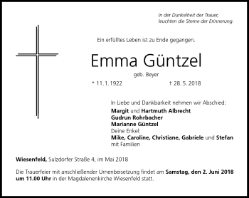 Traueranzeige von Emma Güntzel von Neue Presse Coburg