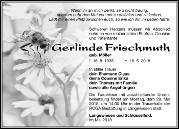 Traueranzeige von Gerlinde Frischmuth von Südthüringer Presse