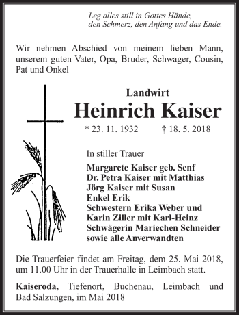 Traueranzeige von Heinrich Kaiser von Südthüringer Presse