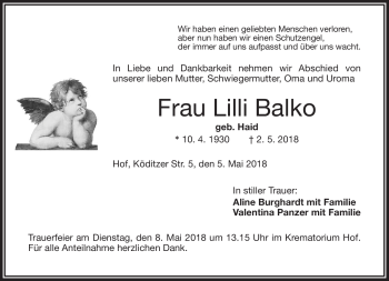 Traueranzeige von Lilli Balko von Frankenpost