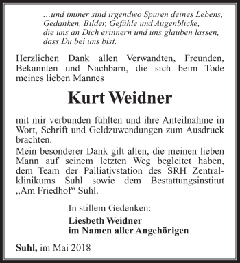 Traueranzeige von Kurt Weidner von Südthüringer Presse