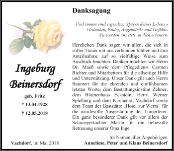 Traueranzeige von Ingeburg Beinersdorf von Südthüringer Presse