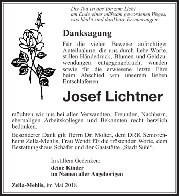 Traueranzeige von Josef Lichtner von Südthüringer Presse