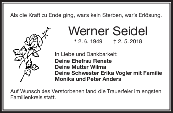 Traueranzeige von Werner Seidel von Frankenpost