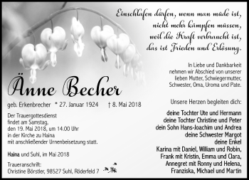 Traueranzeige von Änne Becher von Südthüringer Presse
