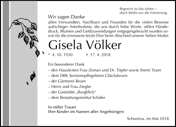 Traueranzeige von Gisel Völker von Südthüringer Presse