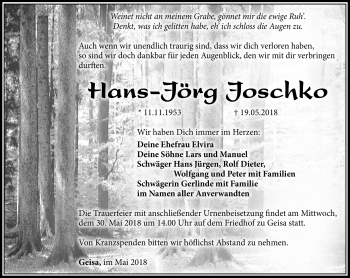 Traueranzeige von Hans-Jörg Joschko von Südthüringer Presse