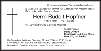 Traueranzeige von Rudolf Höpfner von Frankenpost