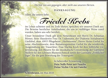 Traueranzeige von Friedel Krebs von Südthüringer Presse