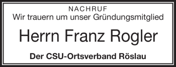 Traueranzeige von Franz Rogler von Frankenpost