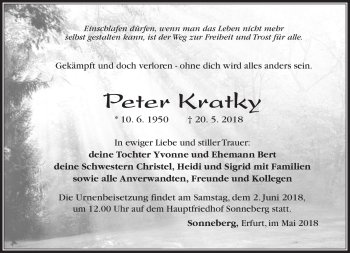 Traueranzeige von Peter Kratky von Südthüringer Presse