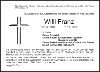 Traueranzeige von Willi Franz von Neue Presse Coburg