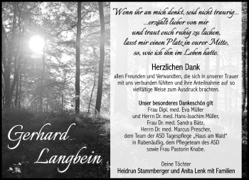 Traueranzeige von Gerhard Langbein von Südthüringer Presse