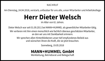 Traueranzeige von Dieter Welsch von Südthüringer Presse