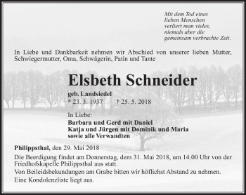 Traueranzeige von Elsbeth Schneider von Südthüringer Presse