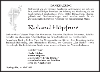 Traueranzeige von Roland Höpfner von Südthüringer Presse