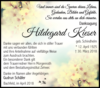 Traueranzeige von Hildegard Kieser von Südthüringer Presse