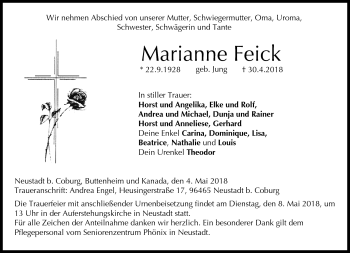 Traueranzeige von Marianne Feick von Neue Presse Coburg