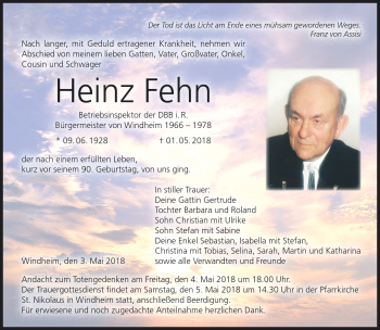 Traueranzeige von Heinz Fehn von Neue Presse Coburg