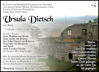 Traueranzeige von Ursula Dietsch von Südthüringer Presse
