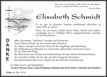 Traueranzeige von Elisabeth Schmidt von Südthüringer Presse