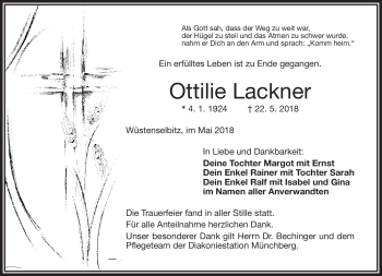 Traueranzeige von Ottilie Lackner von Frankenpost