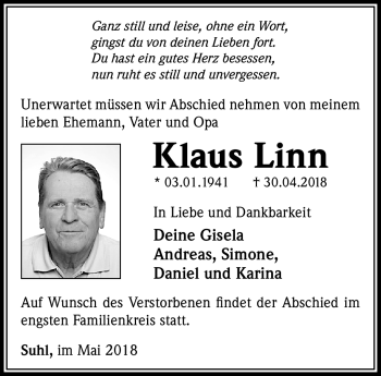 Traueranzeige von Klaus Linn von Südthüringer Presse