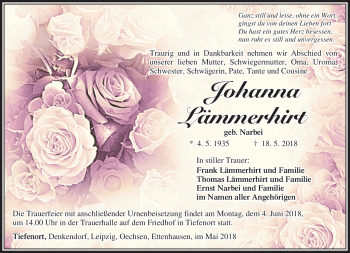 Traueranzeige von Johanna Lämmerhirt von Südthüringer Presse