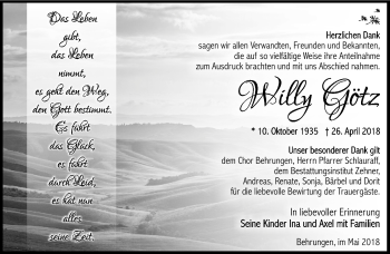 Traueranzeige von Willy Götz von Südthüringer Presse